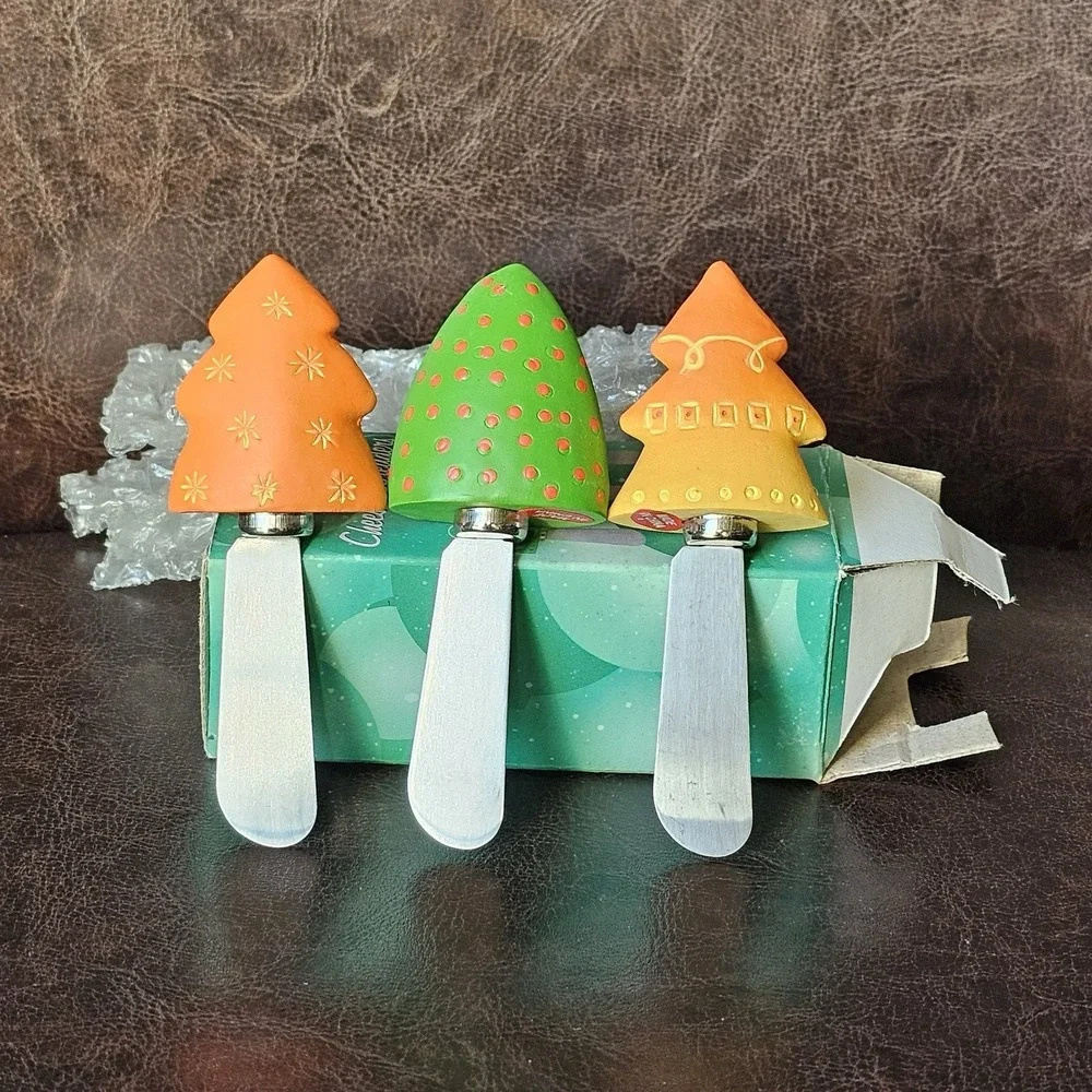 Cheese Spreaders Knives Set of 3 Christmas‎ Trees Holiday Decor Multicolor NIP